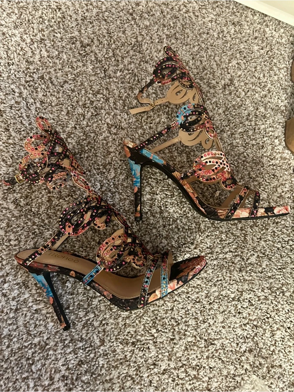 Multicolor Floral Rhinestone Lace-Up High Heels